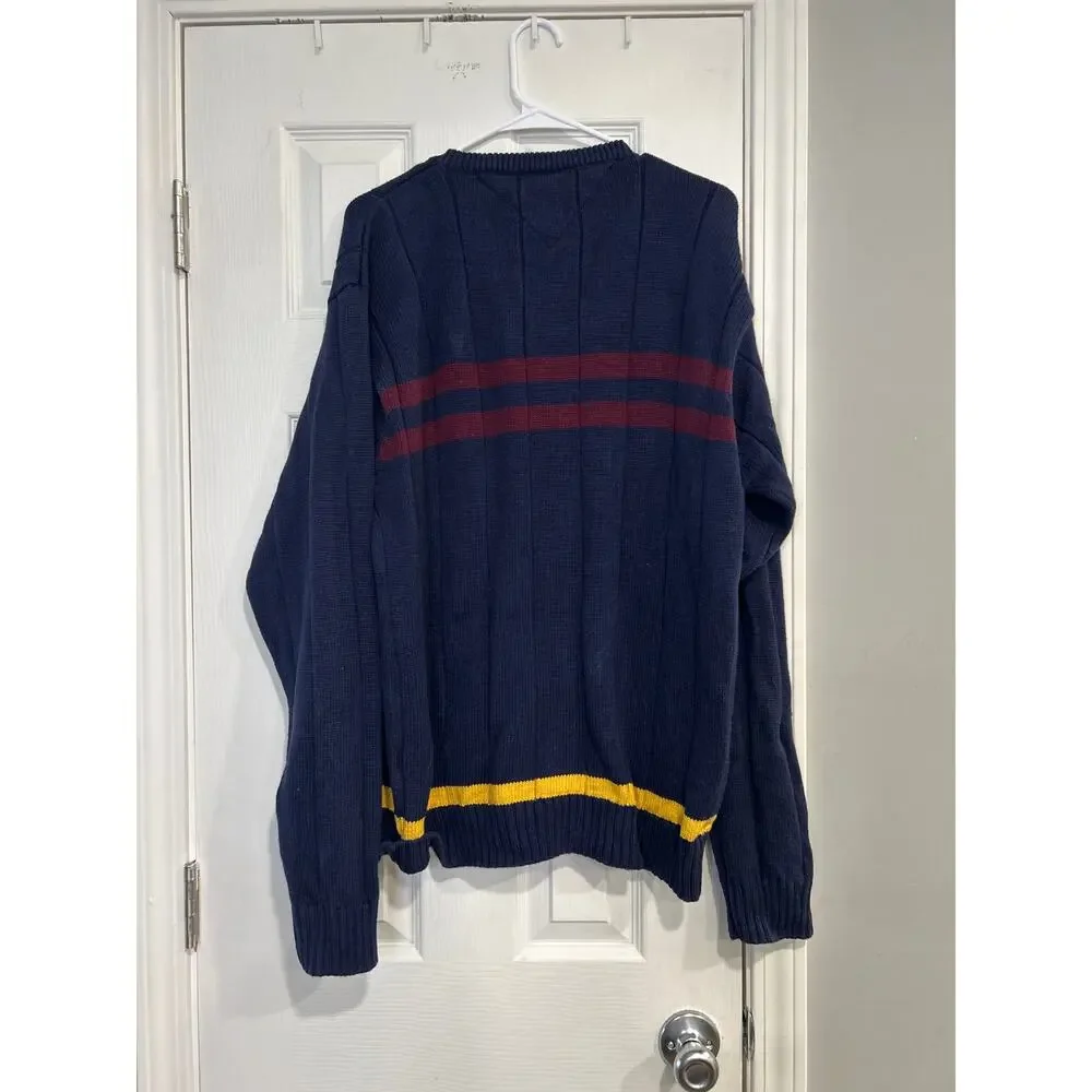 Vintage 90s Tommy Hilfiger Striped Knit Sweater Mens Large Navy Yellow